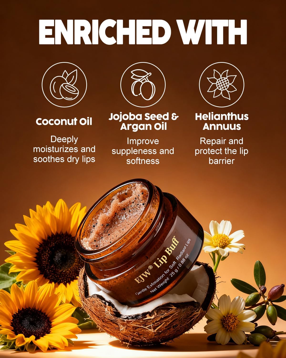 Triple-Action Lip Scrub - Brown Sugar, Coffee & Pearlite Exfoliator - Infused with Coconut & Botanical Oils for Nourishing Care of Dry, Cracked Lips - Vegan, Cruelty-Free - Image 3