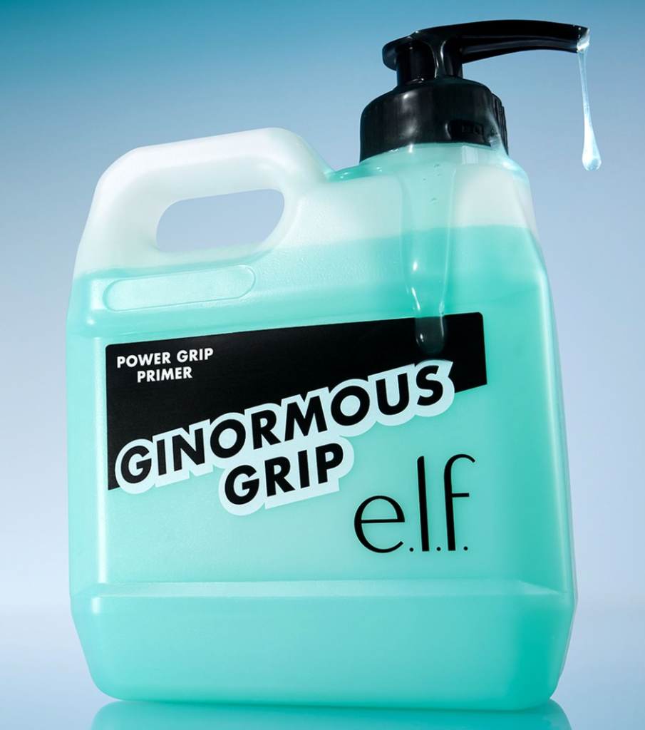 e.l.f. Power Grip Primer clear gel bottle with white pump on a neutral surface