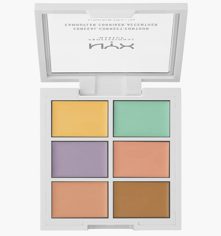 NYX color correcting palette open showing green, peach, lavender and yellow cream shades