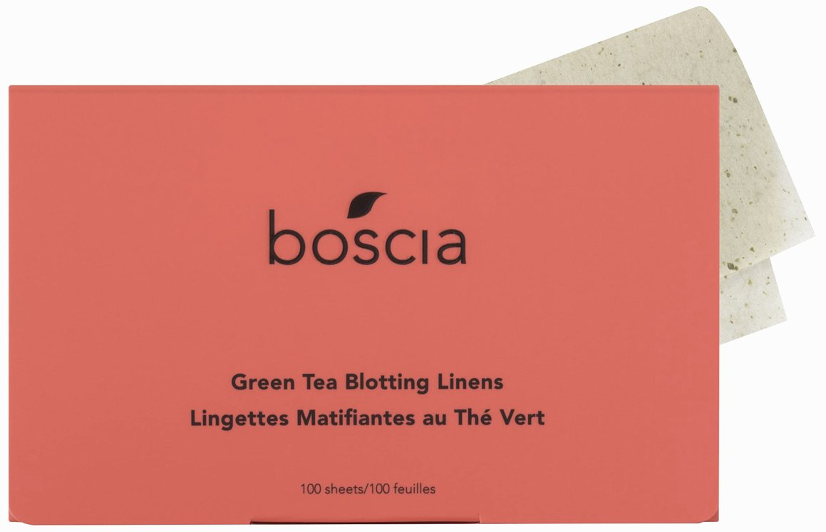 Boscia Green Tea Blotting Linens booklet open showing thin translucent blotting sheets